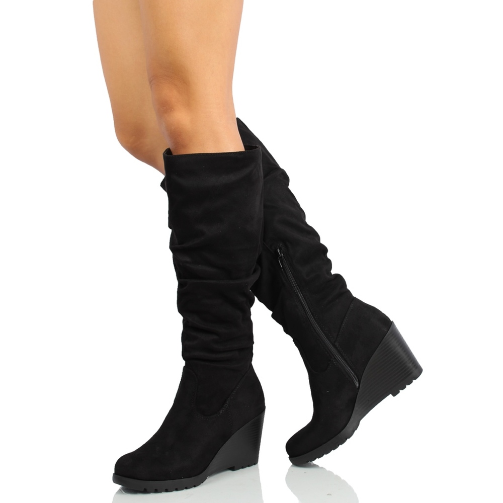 Size 6 Black Faux Suede Slouchy Stacked Wedge Knee - Picture 4 of 6